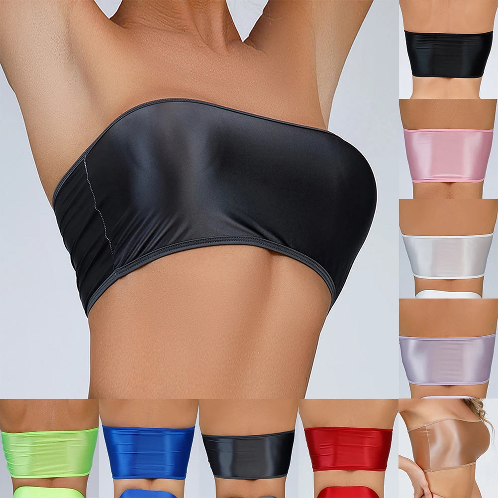 Women Ultra-thin High Elastic Oil Glossy Shiny Strapless Crop Tube Top Bra Tank Top T-Shirt Erotic Solid Female Lingerie Bras