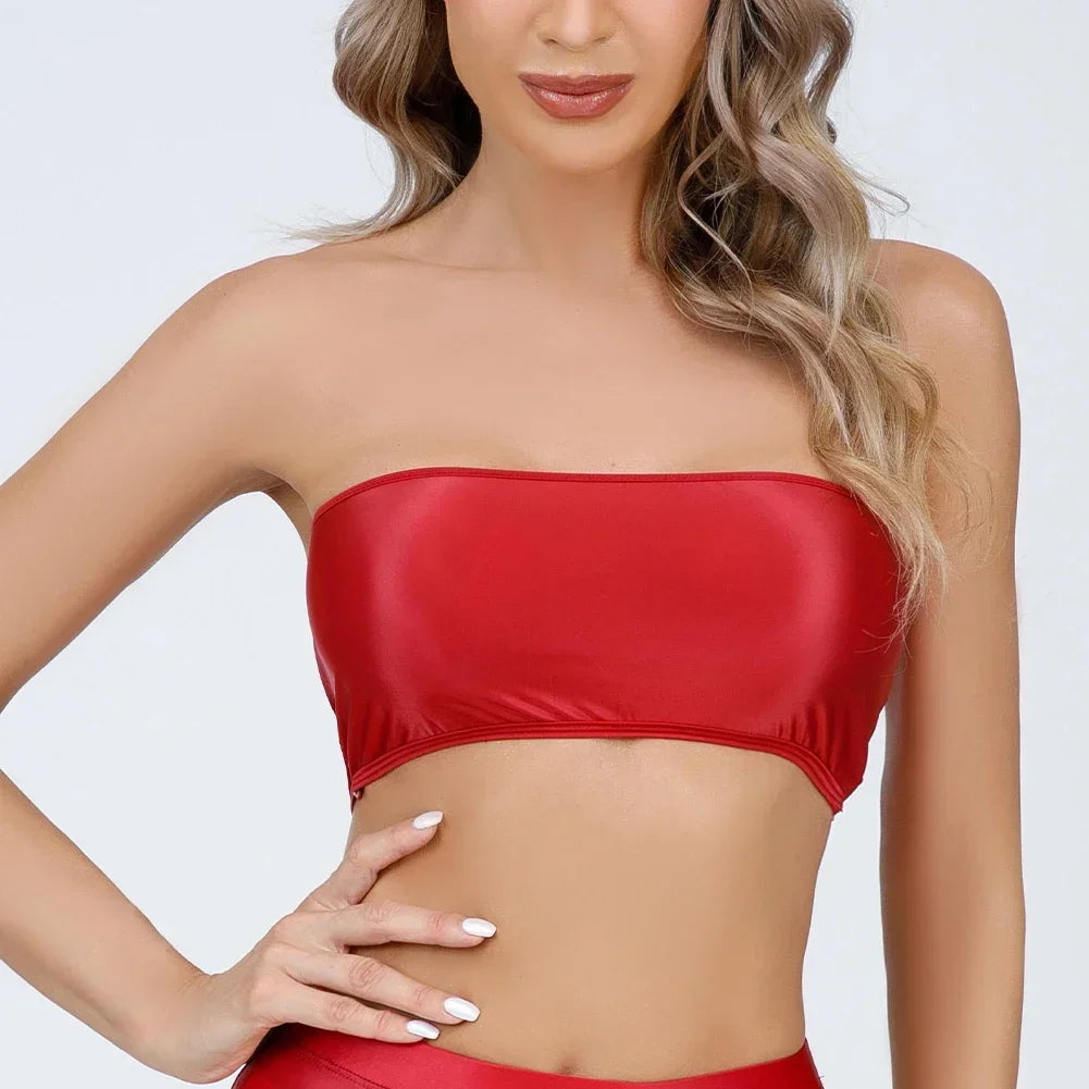 Women Ultra-thin High Elastic Oil Glossy Shiny Strapless Crop Tube Top Bra Tank Top T-Shirt Erotic Solid Female Lingerie Bras