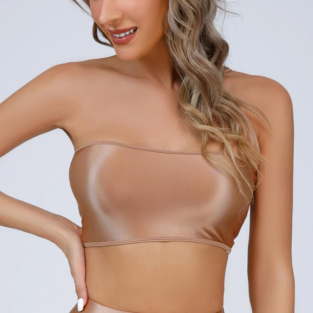 Women Ultra-thin High Elastic Oil Glossy Shiny Strapless Crop Tube Top Bra Tank Top T-Shirt Erotic Solid Female Lingerie Bras