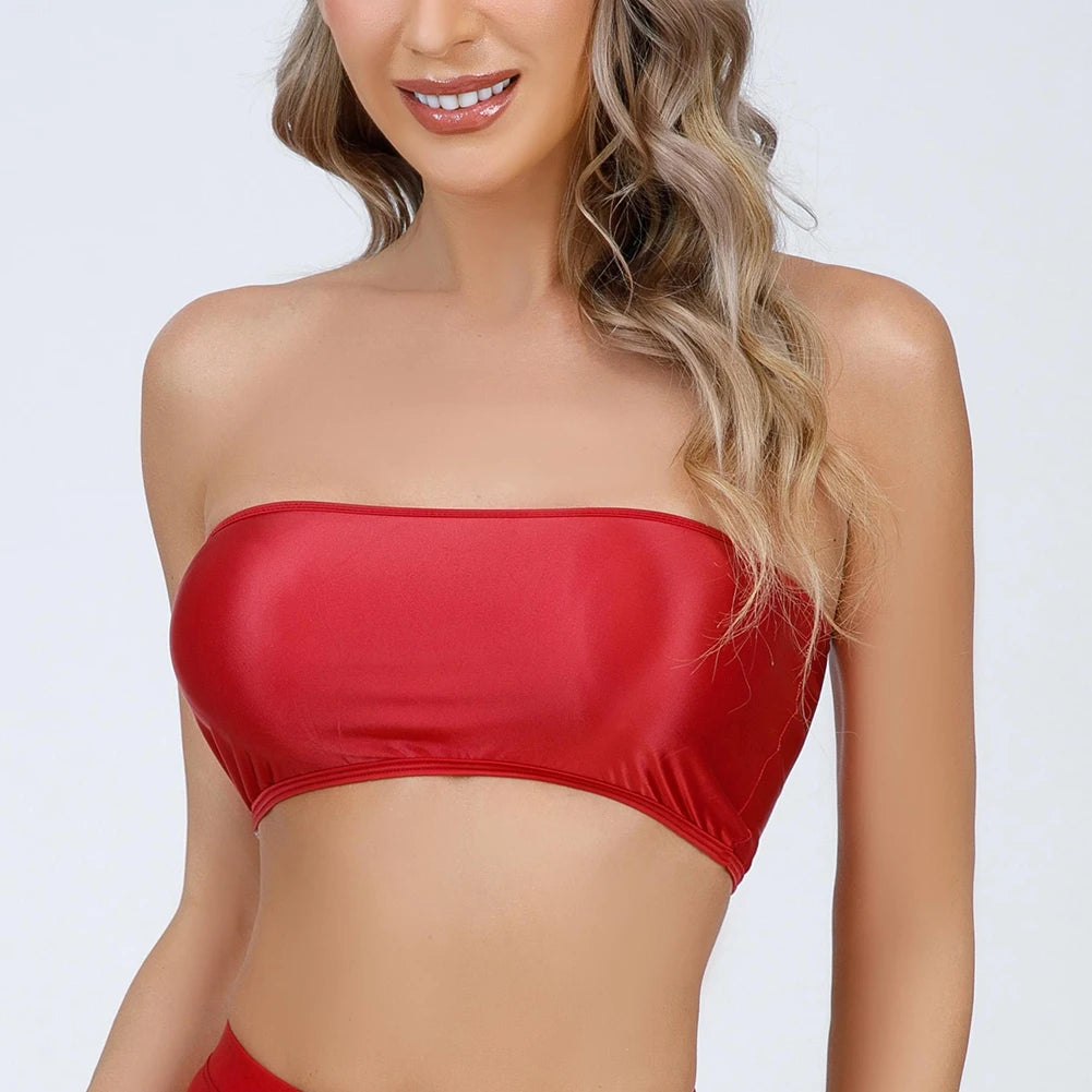 Women Ultra-thin High Elastic Oil Glossy Shiny Strapless Crop Tube Top Bra Tank Top T-Shirt Erotic Solid Female Lingerie Bras