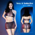 Hot Sexy Oil Glossy Shiny Top Mini Skirt Set Women See Through Erotic Lingerie Female Transparent Nightgown Sex Porno Clothes