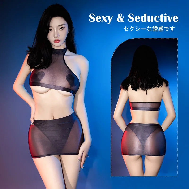 Hot Sexy Oil Glossy Shiny Top Mini Skirt Set Women See Through Erotic Lingerie Female Transparent Nightgown Sex Porno Clothes