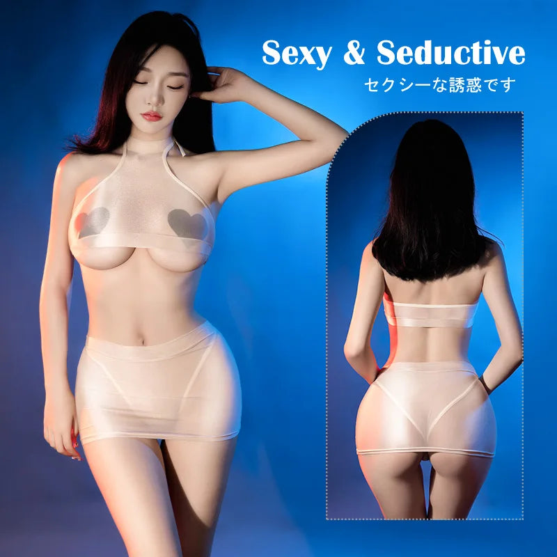 Hot Sexy Oil Glossy Shiny Top Mini Skirt Set Women See Through Erotic Lingerie Female Transparent Nightgown Sex Porno Clothes